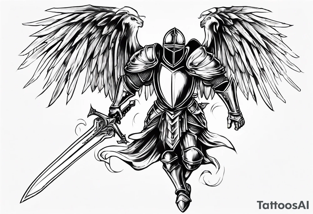 A Winged Paladin Knight in mid-air with his sword about to attack. tattoo idea