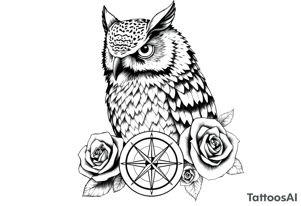 an owl,compass,roses, tattoo idea