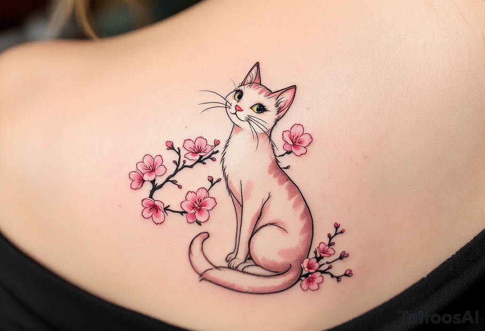 Marie the cat from The Aristocats in a delicate watercolor style, with soft pinks and whites, sitting gracefully among blooming cherry blossoms. tattoo idea