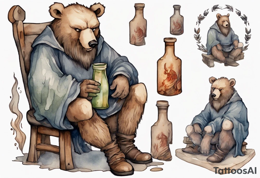 a medieval bear-human hybrid with a long grey beard wearing a tunic and boots, sitting on a stool by the tavern fireplace drinking from a clay bottle tattoo idea