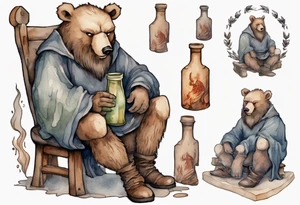 a medieval bear-human hybrid with a long grey beard wearing a tunic and boots, sitting on a stool by the tavern fireplace drinking from a clay bottle tattoo idea