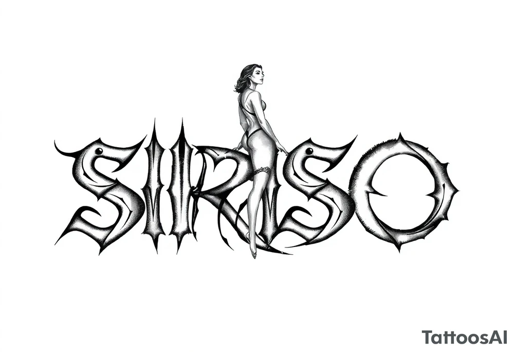 Abstract Tribal font saying “SIRISO” with all letters close together and the S in SIRISO connected to the O and a silloute of a woman on top of the words tattoo idea