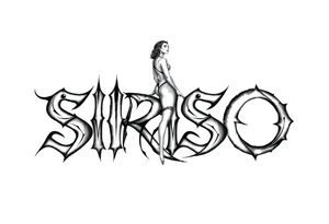 Abstract Tribal font saying “SIRISO” with all letters close together and the S in SIRISO connected to the O and a silloute of a woman on top of the words tattoo idea