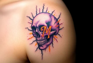 A distorted, disintegrating skull with a distorted "M" on it, surrounded by electric sparks in a mix of neon purple and yellow to create an eerie glow tattoo idea