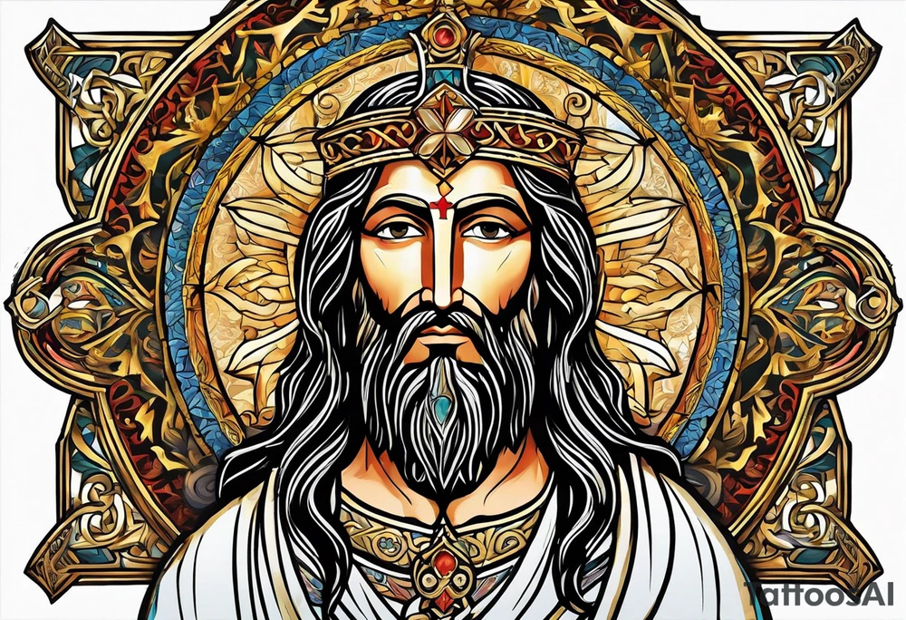 haloed head of a flat stern Byzantine Christ with all-demanding eyes tattoo idea