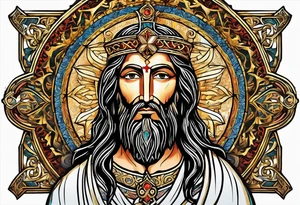 haloed head of a flat stern Byzantine Christ with all-demanding eyes tattoo idea