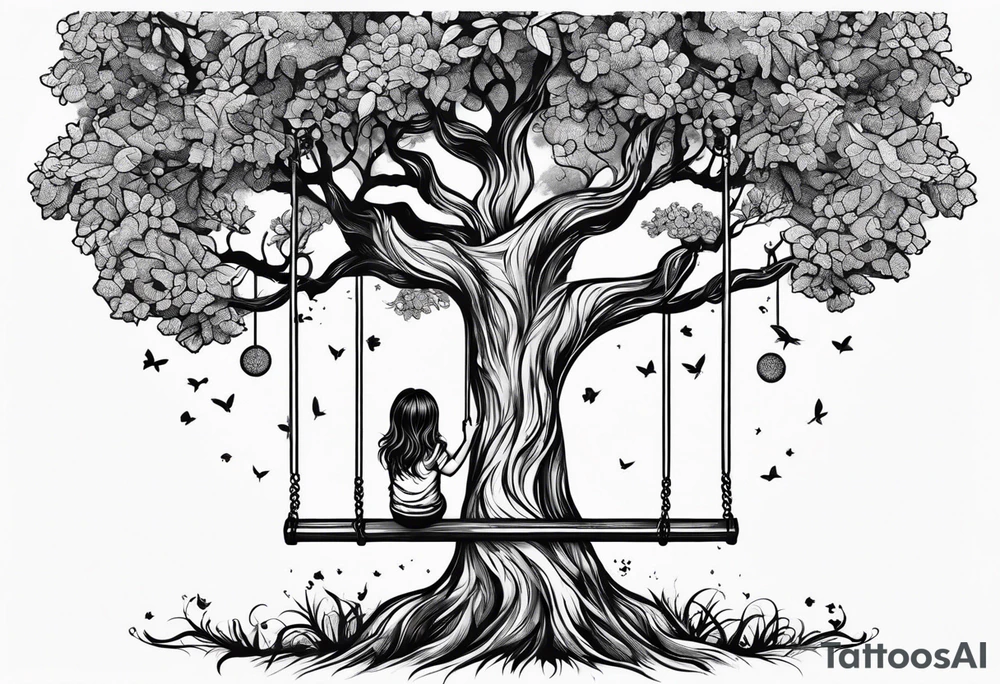 little girl swinging under a tree of life tattoo idea