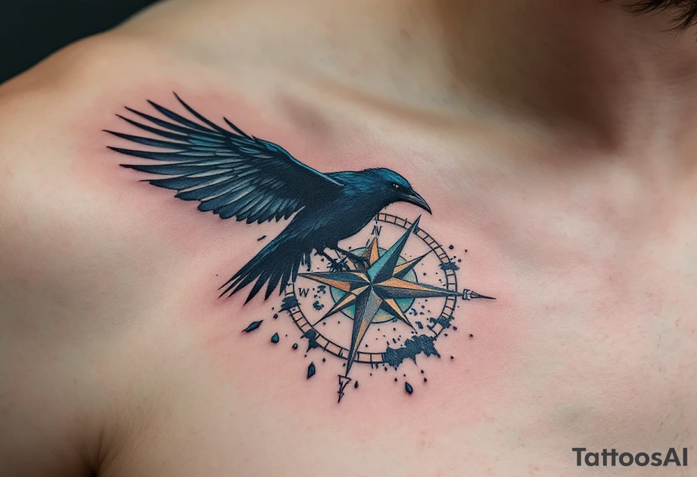Crow and Compass – A crow flying across a broken compass, symbolizing lost direction. Black ink with distressed bronze and aged teal accents. tattoo idea