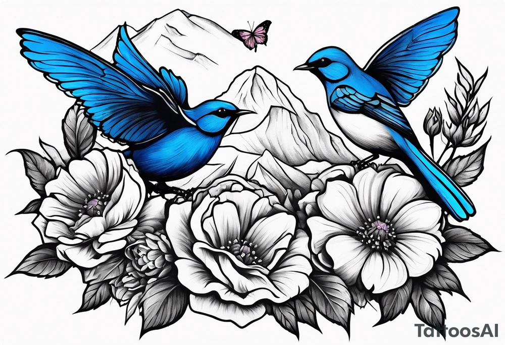 Rocky mountain peak with mountain blue birds and monarch butterflies with wild prairie roses for a half sleeve tattoo idea