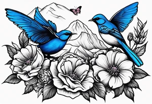 Rocky mountain peak with mountain blue birds and monarch butterflies with wild prairie roses for a half sleeve tattoo idea