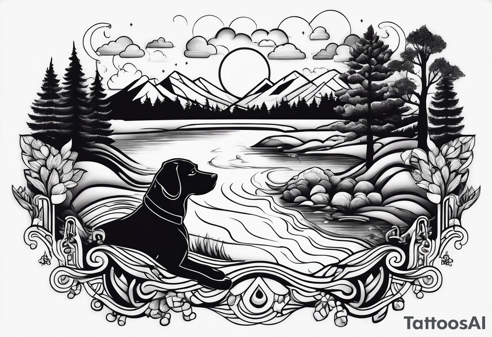 Scenic River in a dog shaped head tattoo idea