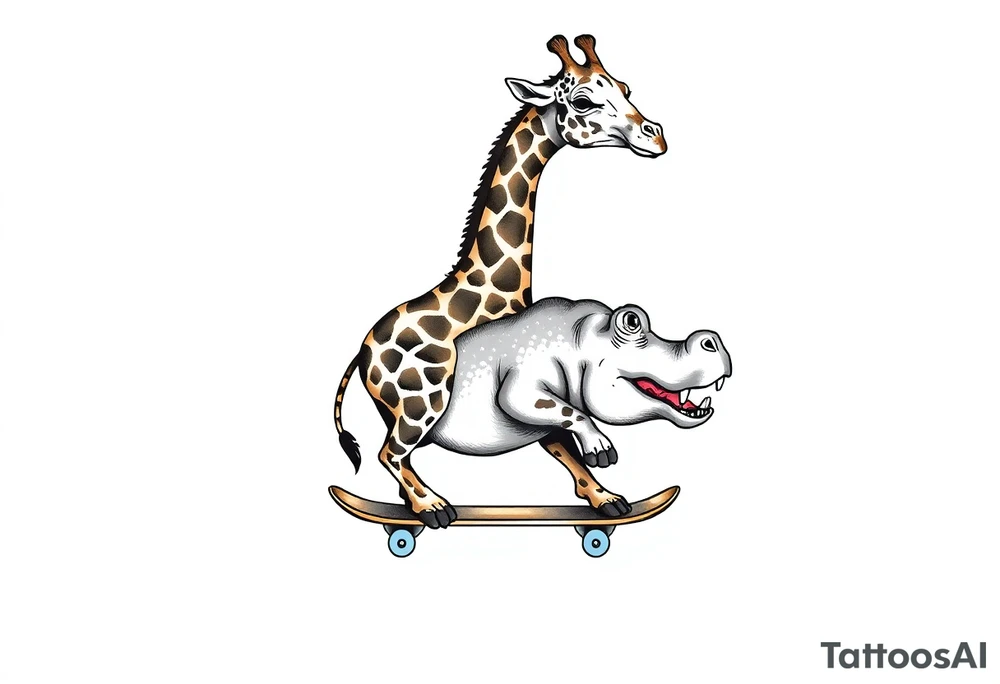 Majestic giraffe riding a skateboard and eating a hippo sandwich tattoo idea