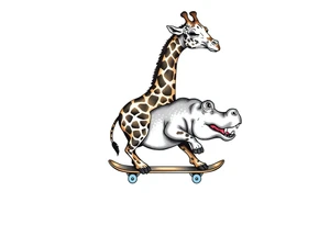 Majestic giraffe riding a skateboard and eating a hippo sandwich tattoo idea