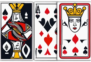 one combined tatto in minimalistic style with icon style three king of spades and icon style one queen of hearts. extreme minimalstic and few lines. much more minimalistic and fewer lines tattoo idea