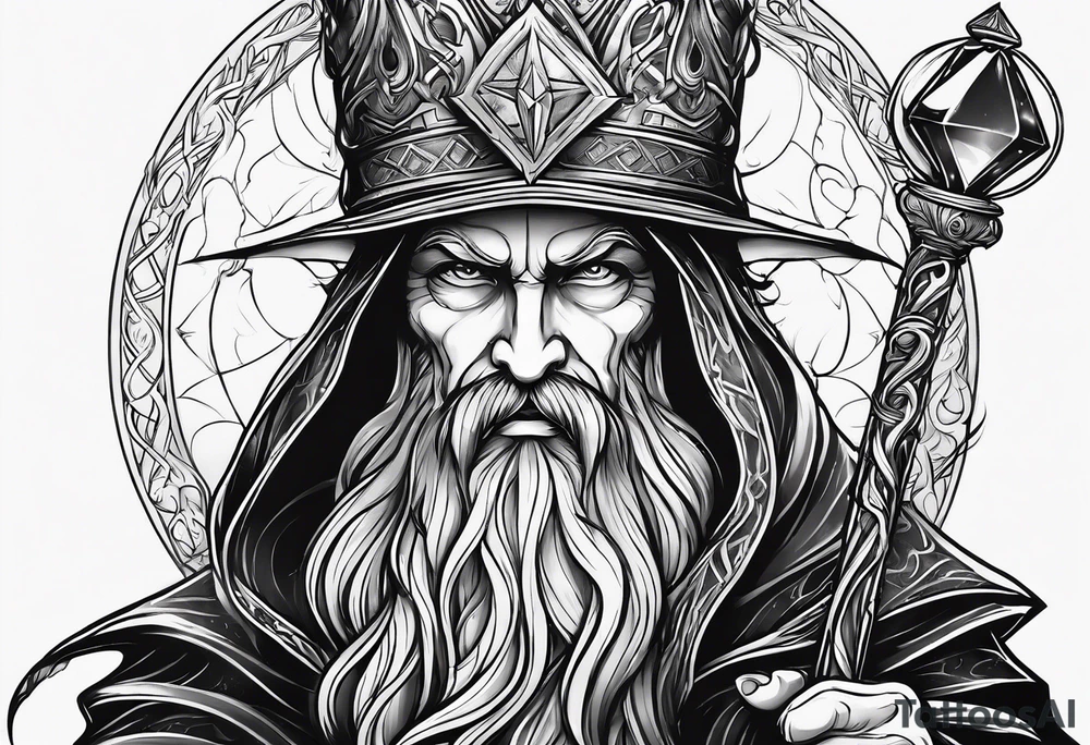 Wizard encased in flames and carrying a staff with a shining gem on top tattoo idea