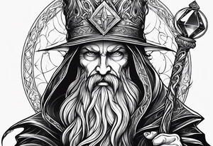 Wizard encased in flames and carrying a staff with a shining gem on top tattoo idea