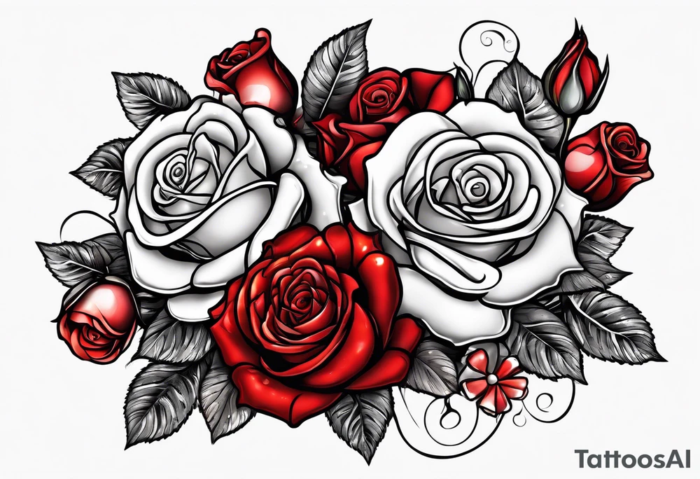 Red roses with a chain made of pearls and seashells tattoo idea