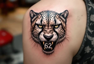 angry cheetah with the number 62 in its mouth tattoo idea