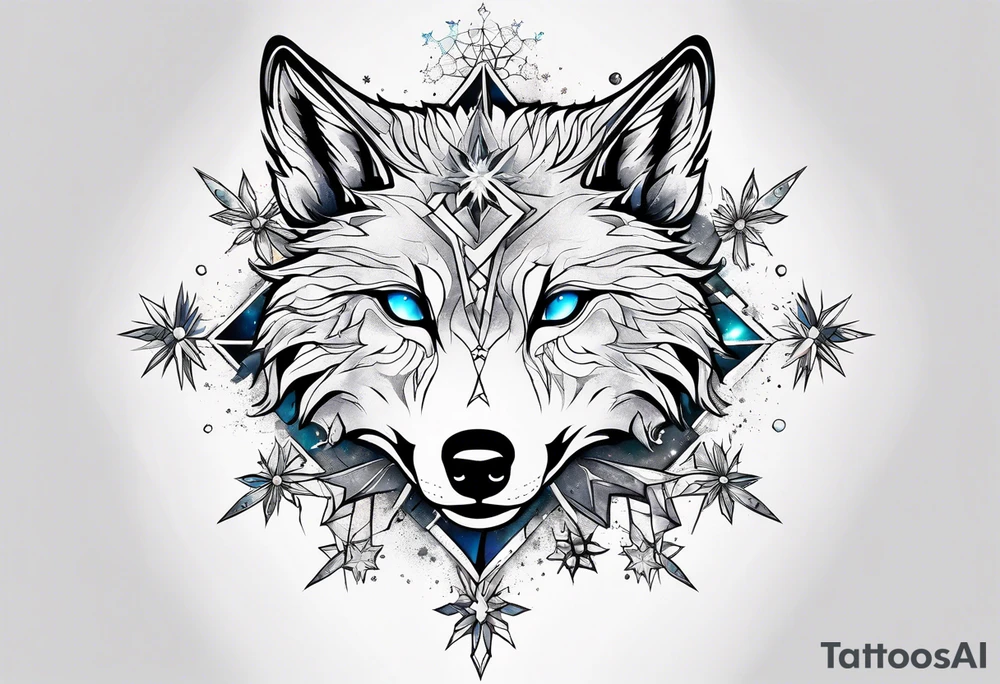 Constellation, two animal alien wolf, snowflake tattoo idea