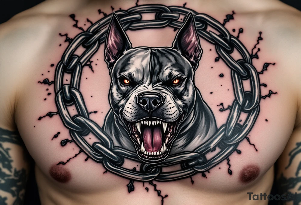 Pitbull snarling inside a broken chain circle, gray and black tattoo with metallic shading on the chains and red eyes for intensity. tattoo idea