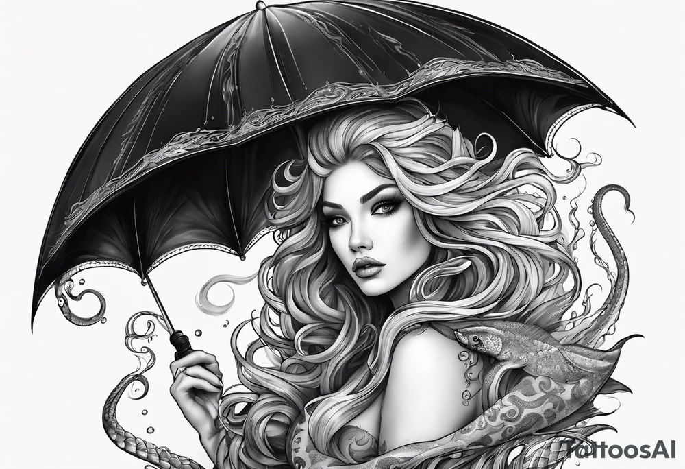 a sea witch with tentacles holding an umbrella tattoo idea