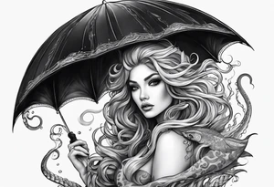 a sea witch with tentacles holding an umbrella tattoo idea