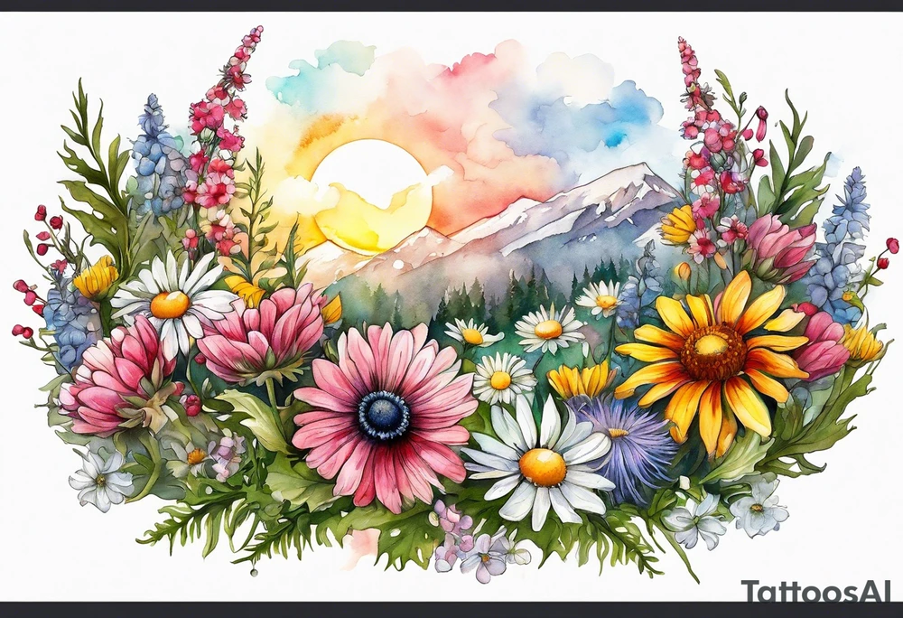 an oval of wildflowers cascading with thistles, ferns, white anemones, sun flowers, buttercups, pink flowers, red flowers, babys breath and daisies all in watercolor tattoo idea