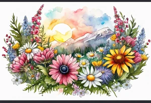 an oval of wildflowers cascading with thistles, ferns, white anemones, sun flowers, buttercups, pink flowers, red flowers, babys breath and daisies all in watercolor tattoo idea