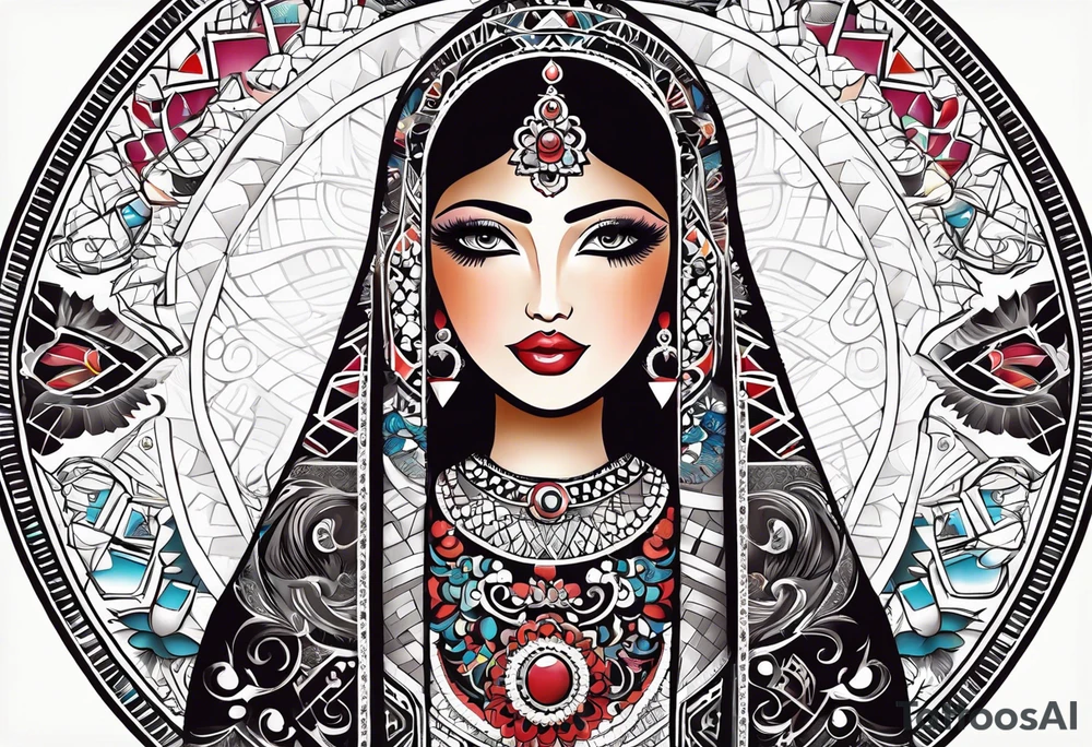 Russian doll with geometric patterns, with lots of Indian designs around the doll tattoo idea