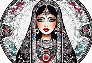 Russian doll with geometric patterns, with lots of Indian designs around the doll tattoo idea