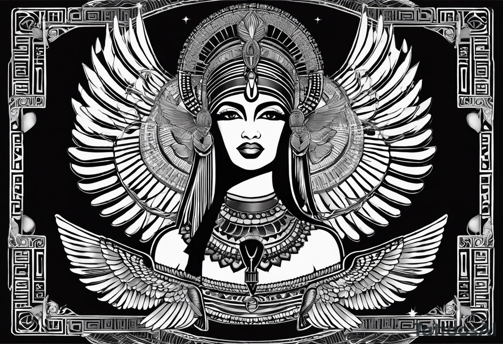 black and white Egyptian goddess Isis, who is often depicted as a woman with outstretched wings, holding an ankh (a symbol of life) in one hand and a lotus flower in the other. Her headdress often includes a throne or a solar disk. The tattoo design can vary in style and size, but it typically aims to capture the essence of this revered Egyptian deity, emphasizing her beauty, power, and maternal qualities. The choice of colors and additional elements can also be customized to create a unique and visually striking representation of the goddess Isis tattoo idea