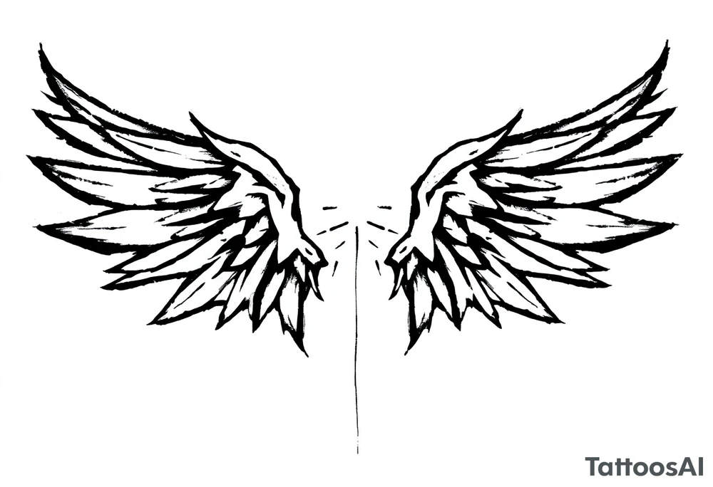 This tattoo design features a pair of stylized wings drawn in black ink with a sketch-like, abstract aesthetic. The wings are composed of sharp, angular feathers with jagged edges, giving them a rough, almost tribal or gothic appearance. The shading is done with a mix of soft gradients and stippling, adding depth and texture to the design. The center where the wings meet is fragmented, with thin lines extending downward, creating a sense of movement and raw energy. This design would make for a bold and edgy tattoo, symbolizing freedom, strength, or a rebellious spirit. tattoo idea