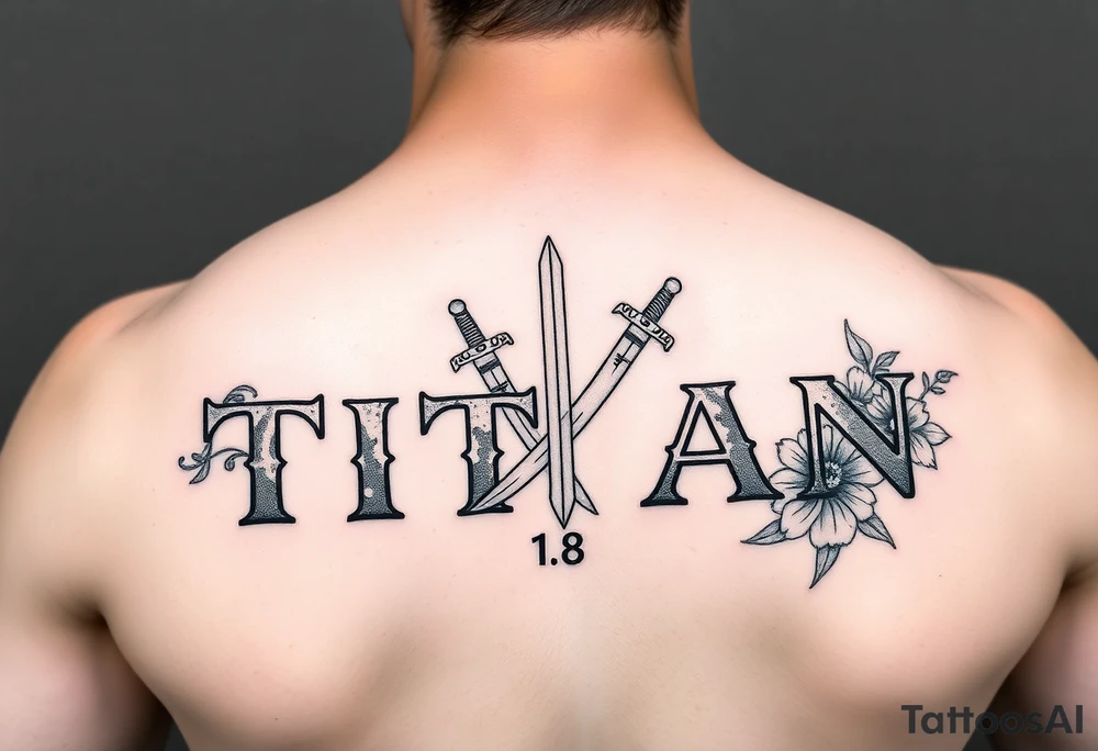 Name ‘Titan’ with birthday, Greek mythology inspired font with mini swords the T in Titan is a sword with Japanese inspired flowers tattoo idea