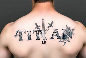 Name ‘Titan’ with birthday, Greek mythology inspired font with mini swords the T in Titan is a sword with Japanese inspired flowers tattoo idea