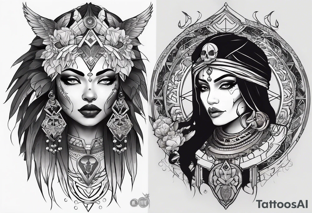 kali ma, alien goddess, valkrye, aries, pirate, divine feminine, zenza resonance, pachamama, lotus azul, blank panther, eagle, skull, 5D, nueva gaya, dna 12, left side chest tatoo tattoo idea