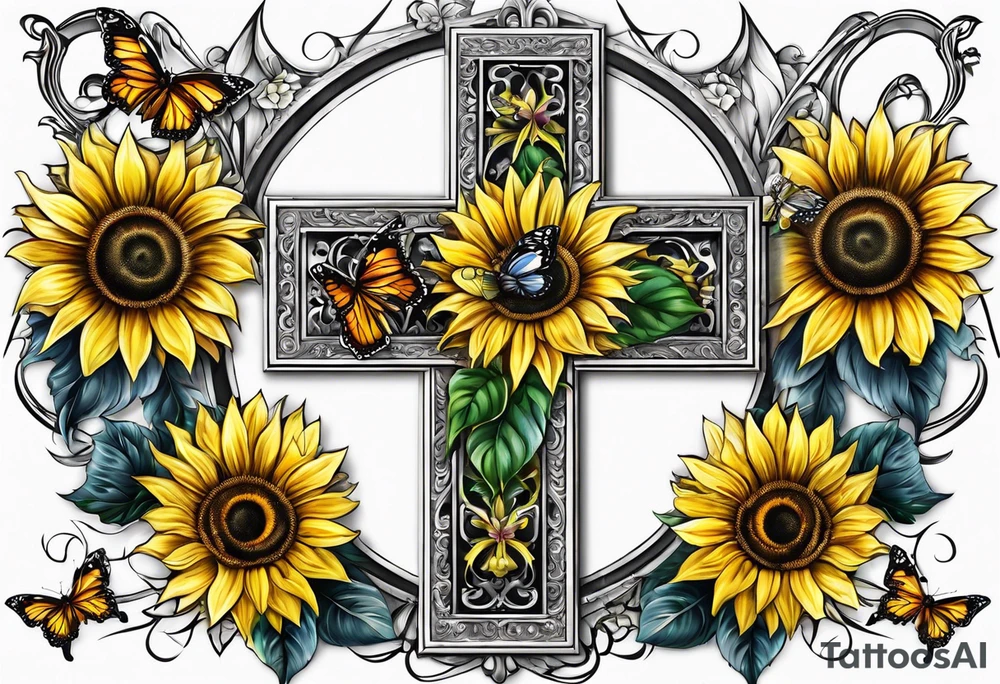 Winged cross with sunflower and butterflies tattoo idea