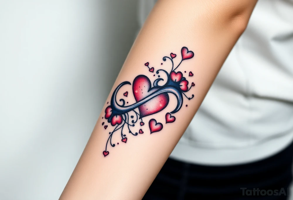 One fully depicted infinity symbol and swirling galaxy patterns and hearts tattoo idea