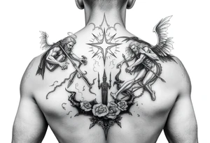 A battle between angels and demons while a father guides his son through the path of life showing battle wounds on back on his way to the gates of heaven tattoo idea