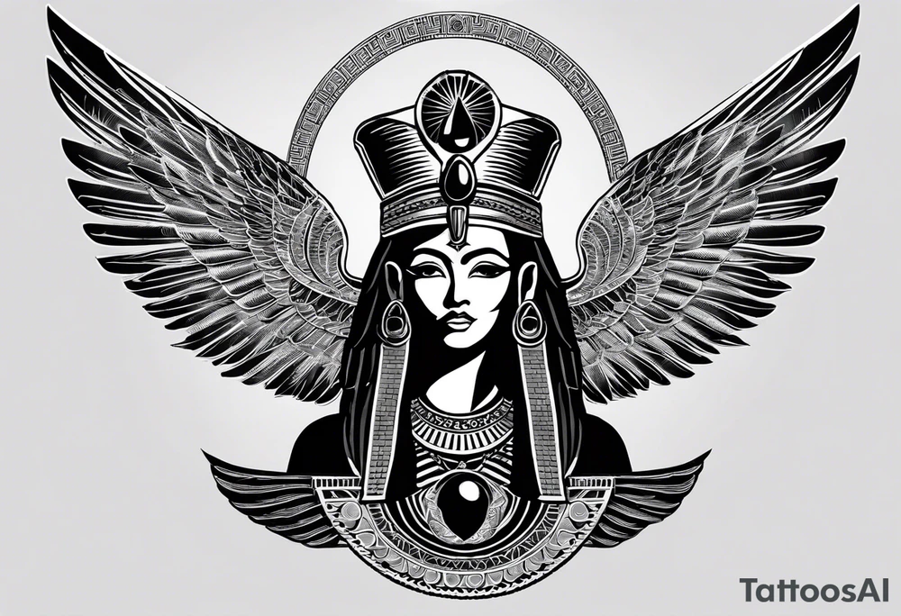 black and white Egyptian goddess Isis, who is often depicted as a woman with outstretched wings, holding an ankh (a symbol of life) in one hand and a lotus flower in the other. Her headdress often includes a throne or a solar disk. The tattoo design can vary in style and size, but it typically aims to capture the essence of this revered Egyptian deity, emphasizing her beauty, power, and maternal qualities. The choice of colors and additional elements can also be customized to create a unique and visually striking representation of the goddess Isis tattoo idea