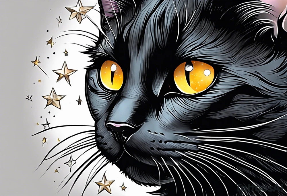 Photo realistic black cat head with moon and stars tattoo idea