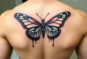 powerful majestic and dark monarch butterfly with skull detail in the wings
hidden skulls in wings, with a dripping effect, including blue, red and white colouring tattoo idea