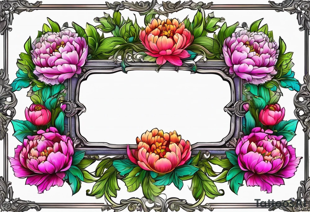 neon colorful peonies,neon colored, surrounding on the outside of a empty beautiful intricate rounded victorian style empty picture frame with filigree tattoo idea