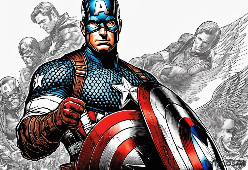 The tattoo shows Captain America throwing his iconic shield with impressive force. His uniform is meticulously detailed, with the stars and stripes of his costume standing out in relief. The shield, with its vibrant colors and distinctive design, is shown in mid-rotation, capturing the character's energy and bravery. tattoo idea