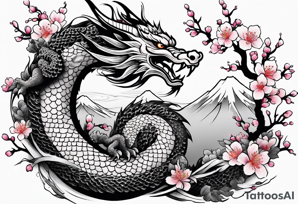 Japanese dragon, cherry blossoms, full sleeve tattoo idea