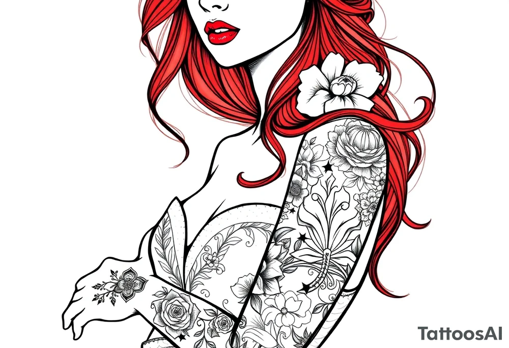 Woman with long red hair and red lipstick with lots of tattoos in her wedding dress tattoo idea