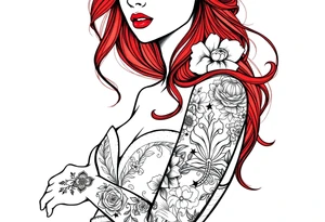 Woman with long red hair and red lipstick with lots of tattoos in her wedding dress tattoo idea