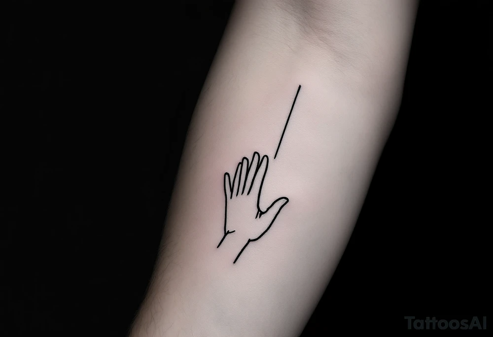 Minimalistic black line tattoo of a simple hand outline reaching toward a thin ray of light, clean and abstract design tattoo idea