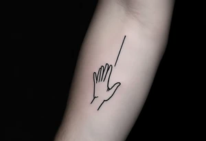 Minimalistic black line tattoo of a simple hand outline reaching toward a thin ray of light, clean and abstract design tattoo idea