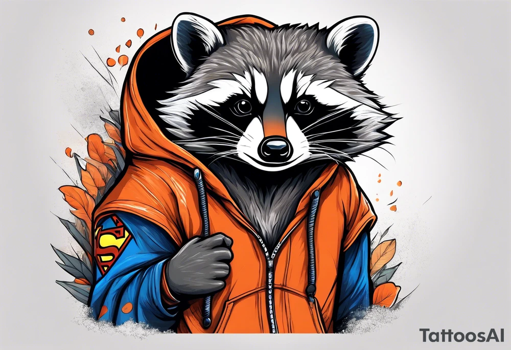 Raccoon wearing an orange Superman hoodie tattoo idea