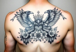 Chest tattoo,powerful majestic ravens with a crown, surrounded by floral ornaments and birds tattoo idea
